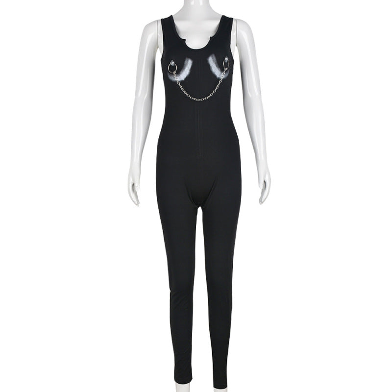 Women Printed Chain V-Neck Slim Fit Casual Jumpsuit