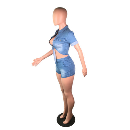 Conjunto de dos piezas de mezclilla con top y pantalones cortos con cordones para mujer