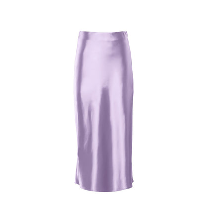 Autumn Spring Women High Waist Satin Slim-Fit Elegant Casual Office Solid Skirt