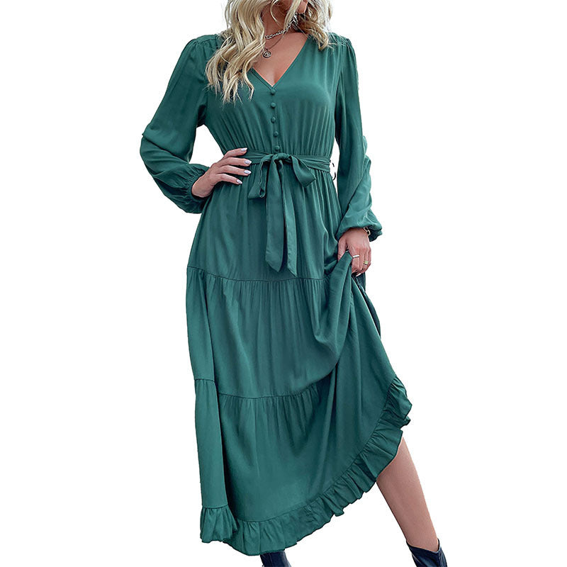 Vestido midi plisado con volantes de manga larga para mujer, informal, de otoño e invierno