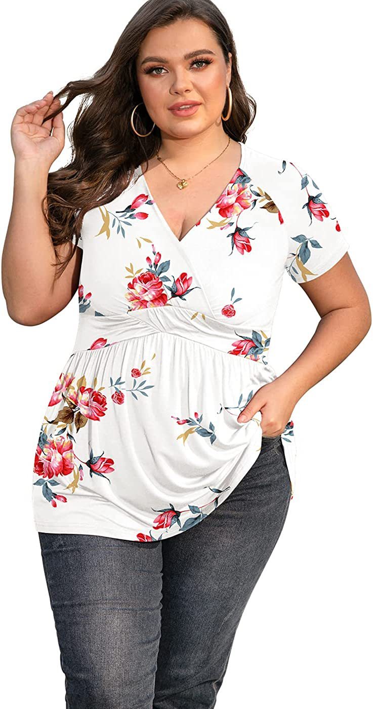 Blusa informal de verano con cuello en V y manga corta con estampado floral para mujer, talla grande