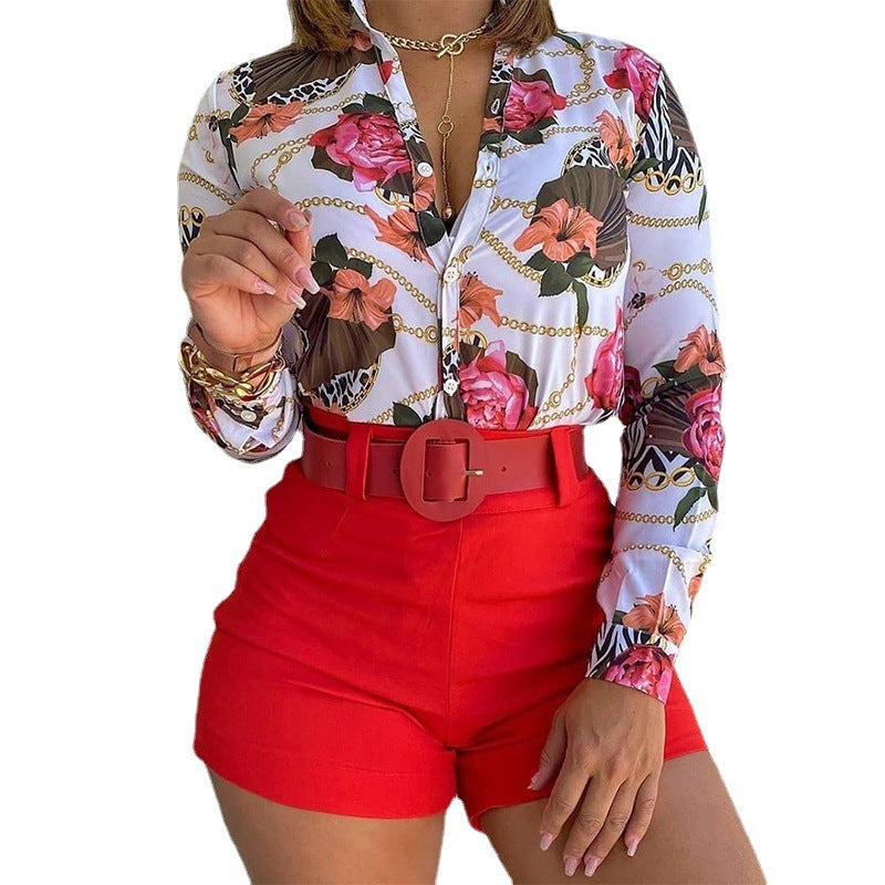 Conjunto de dos piezas de camiseta y pantalones cortos con cuello alto, estampados y manga larga para mujer