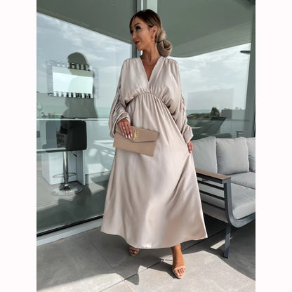 Women'S Casual Boho Solid Color Long Sleeve Pleated V-Neck Dress
