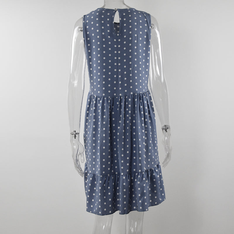 Women Bohemian Summer Polka Dot Sleeveless Ruffled Beach Mini Casual Sundress Fashion Dress