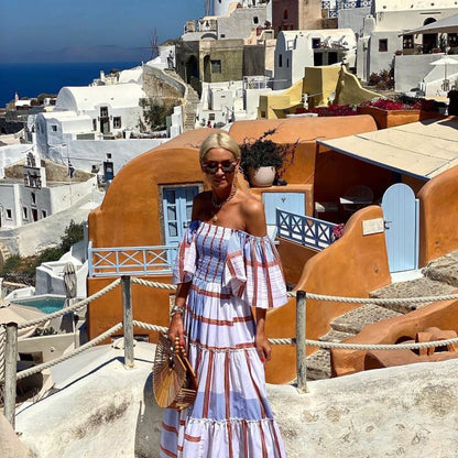 Summer Women Casual Stripe Off Shoulder Short-Sleeved Ruffle Boho Vacation Maxidress