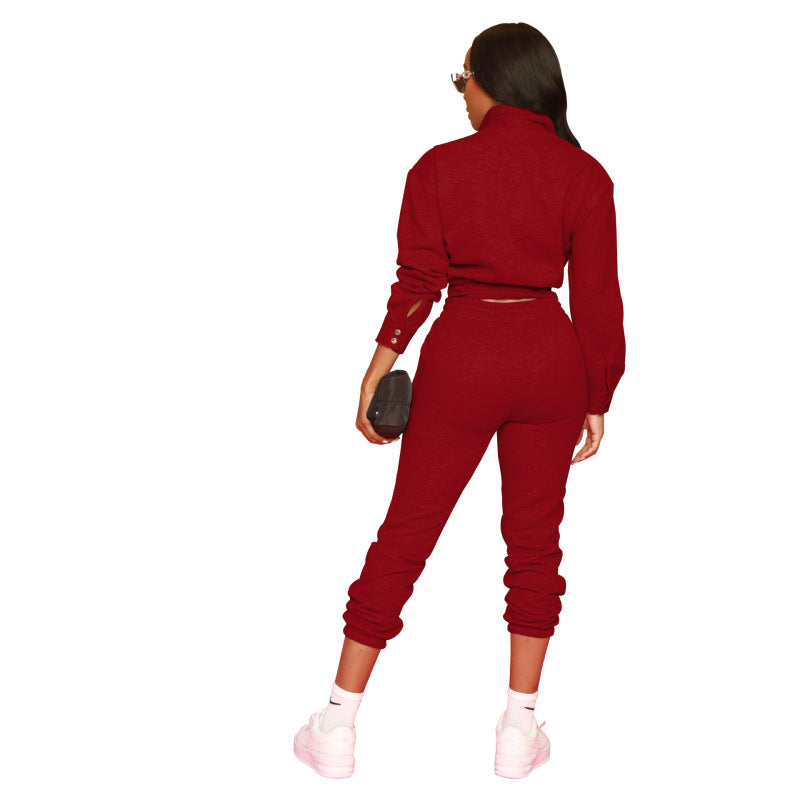 Conjunto informal de dos piezas para mujer, de color liso, manga larga, cuello alto, botones y pantalones elásticos