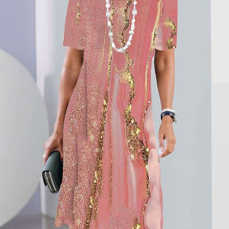 Vestido informal de manga corta con cuello redondo y estampado geométrico para mujer