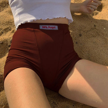 Summer Women Basic Letter Applique Rib Knit High Waist Casual Yoga Shorts