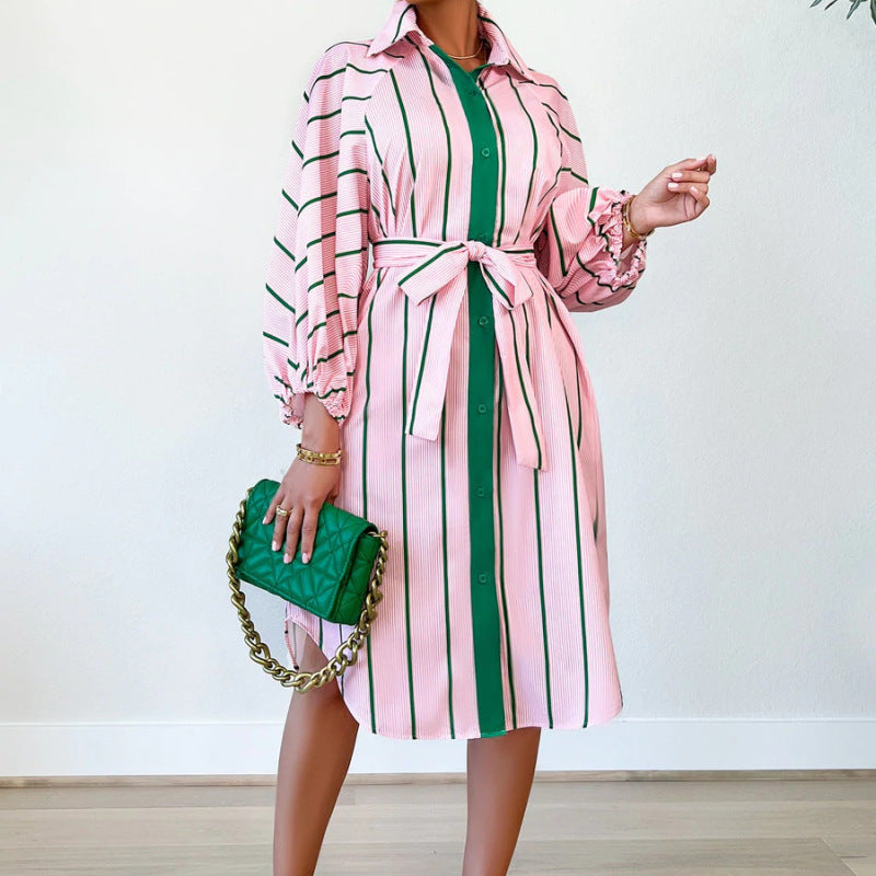 Fashion Women Stripe Print Casual Long Sleeve Lapel Shirt Dress