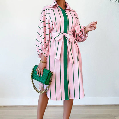 Fashion Women Stripe Print Casual Long Sleeve Lapel Shirt Dress
