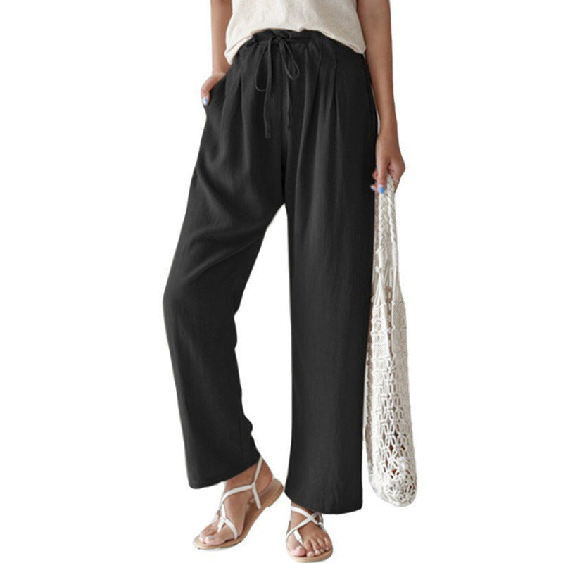 Pantalones rectos holgados de cintura elástica de lino y algodón para mujer