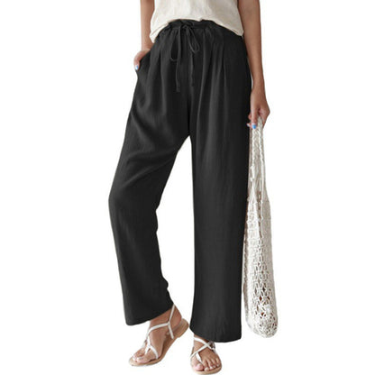 Pantalones rectos holgados de cintura elástica de lino y algodón para mujer