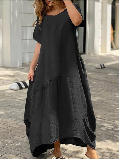 Women Fashion Casual Loose Plus Size Solid Color Cotton And Linen Maxi Dress