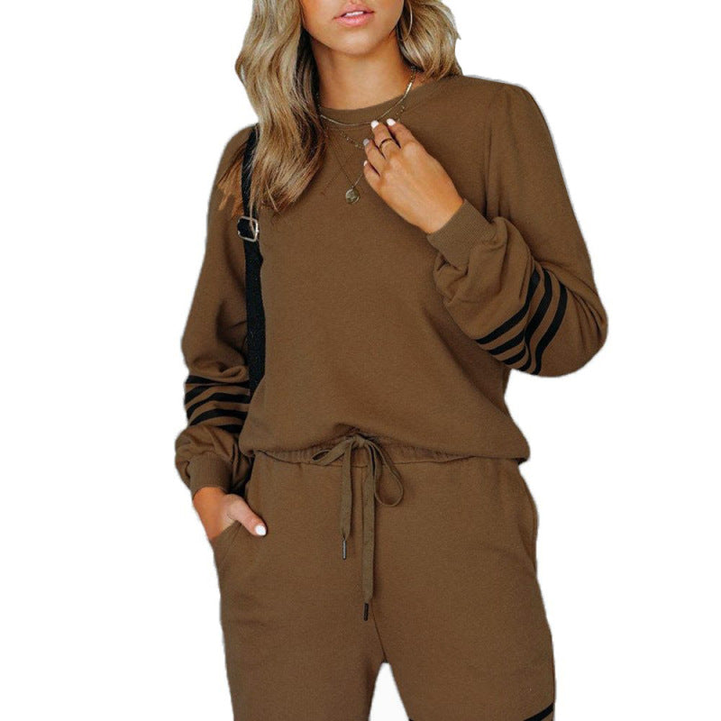 Conjunto de sudadera y pantalones a rayas holgados de manga larga con estampado de letras para mujer