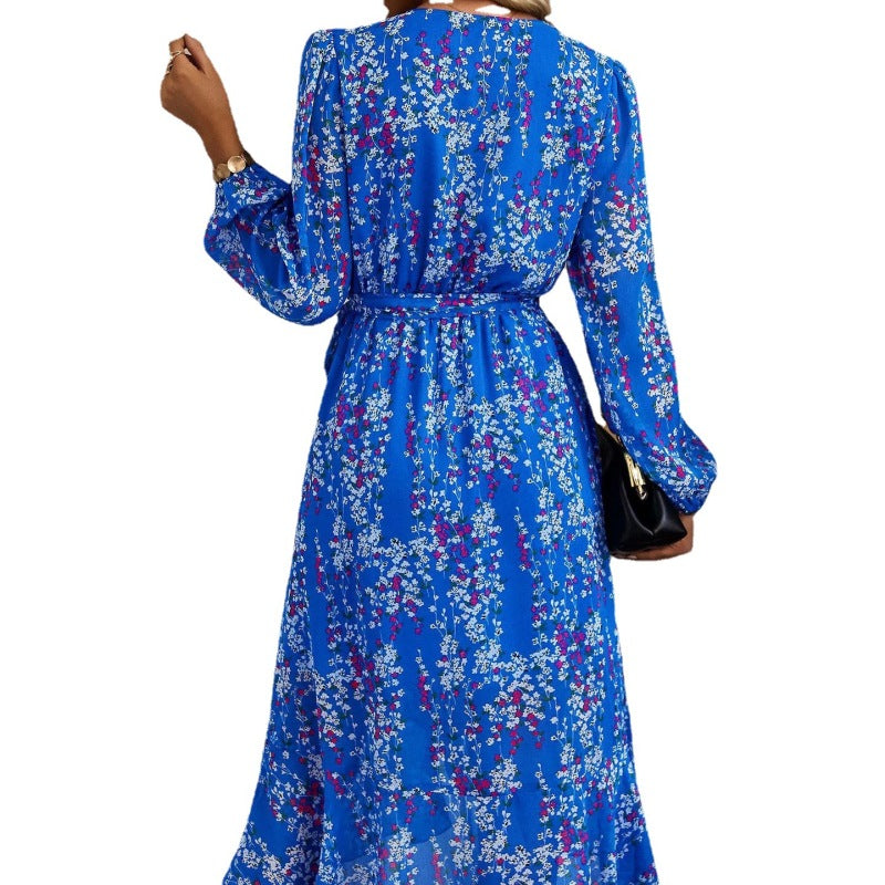 Fashion Women Boho Style Casual Sweet Floral Print Long Sleeve V Neck Chiffon Midi Dress
