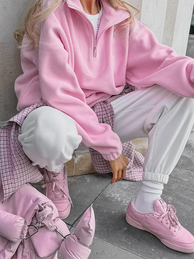 Autumn Winter Women Casual Loose Fleece Long-Sleeved Lapel Sweatshirt