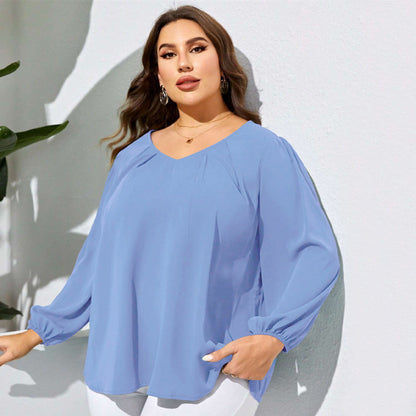 Women Fashion Solid Color Plus Size V-Neck Loose Casual Top