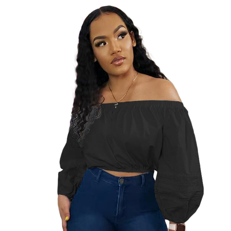 Blusa corta informal de manga larga con hombros descubiertos y color liso para mujer