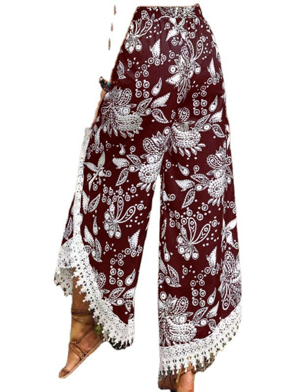 Women'S Fashion Vintage Boho Casual Paisley Printing Lace Tassel Loose Trousers Pants