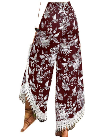 Women'S Fashion Vintage Boho Casual Paisley Printing Lace Tassel Loose Trousers Pants