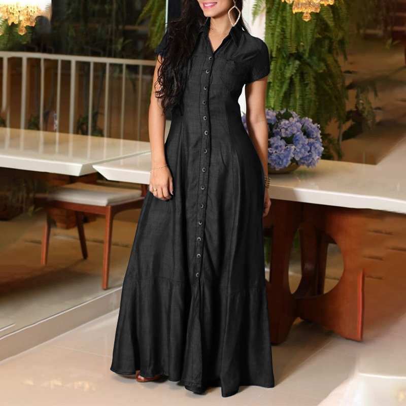 Women Fashion Casual Shirt Collar Pocket Large Dresses Denim Maxi Dress