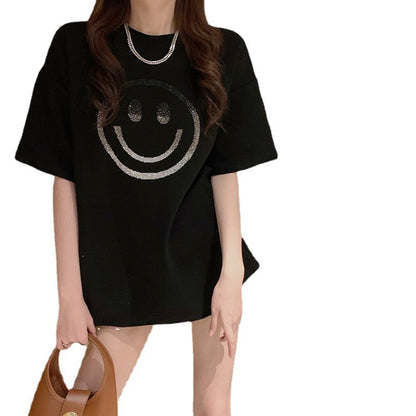Camiseta básica informal de verano para mujer, holgada, con estampado de sonrisas y manga corta