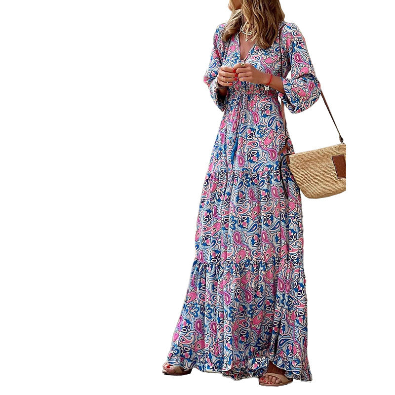 Vestido largo de manga larga con estampado bohemio informal de moda de verano para mujer