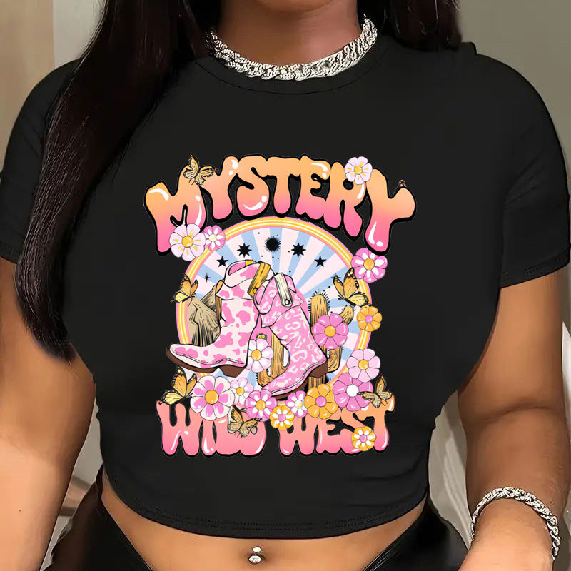 Camiseta corta informal de verano para mujer con estampado floral y letras, cuello redondo y manga corta