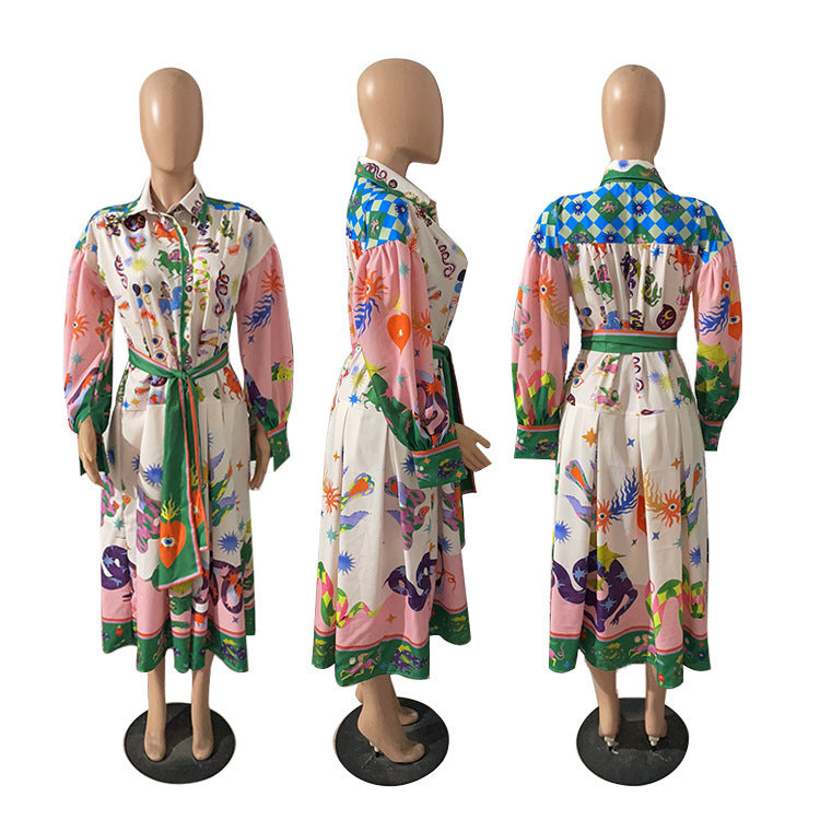 Vestido informal con estampado floral para mujer, manga larga tipo farol, botonadura sencilla, cintura definida, con cordones