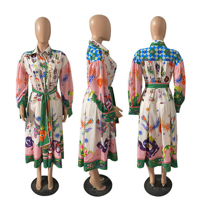 Vestido informal con estampado floral para mujer, manga larga tipo farol, botonadura sencilla, cintura definida, con cordones