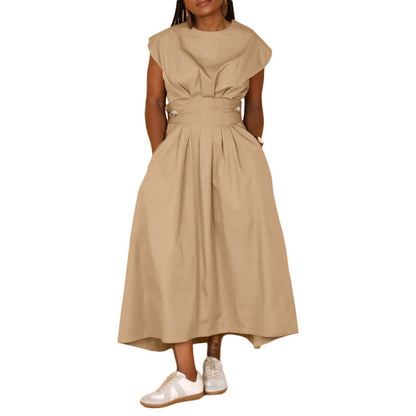 Vestido informal de nailon holgado con cuello redondo y vuelo grande para mujer, color liso