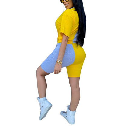 Women 2 Piece Outfits Casual Color Stitching Short Sleeve T-Shirt Tops Shorts Set