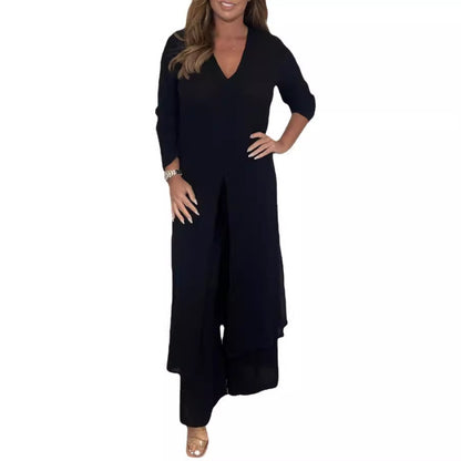 Conjunto de dos piezas de pantalón ancho y top con abertura y escote en V informal de color liso para mujer