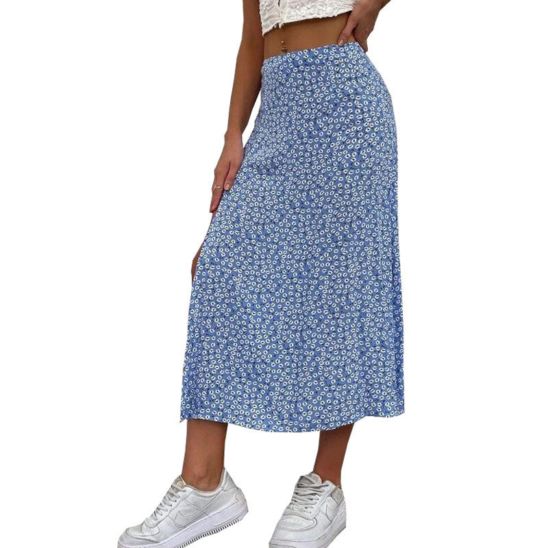 Women Fashion Casual Tiny Flower Printing Slit Skirt