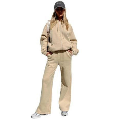 Conjunto de dos piezas informal holgado con capucha y pantalones de manga larga con cremallera de color liso para mujer