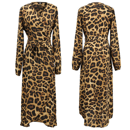 Women Casual Elegant Leopard V Neck Long Sleeves High Waist Irregular Dress
