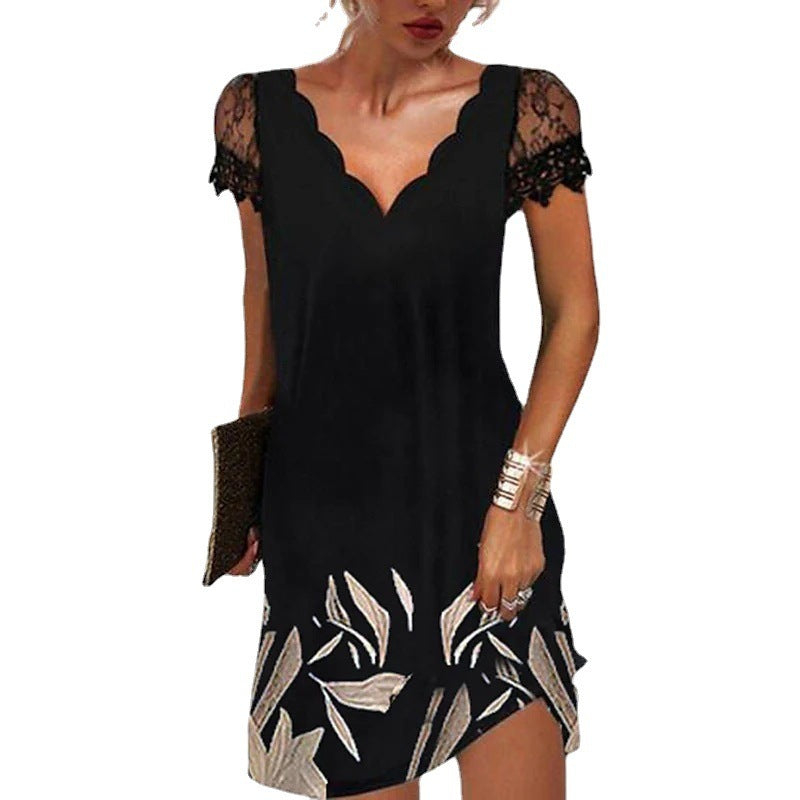 Vestido elegante informal de manga corta con estampado floral, escote en V y encaje de patchwork para mujer