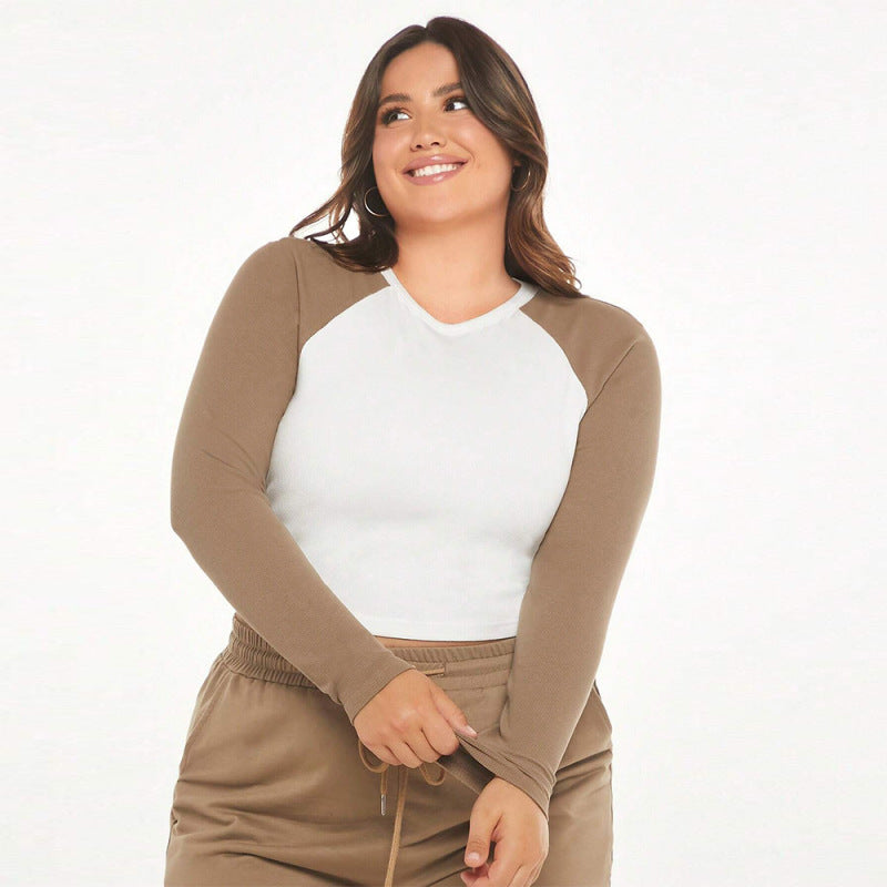 Camiseta informal de manga raglán con bloques de color para mujer, talla grande