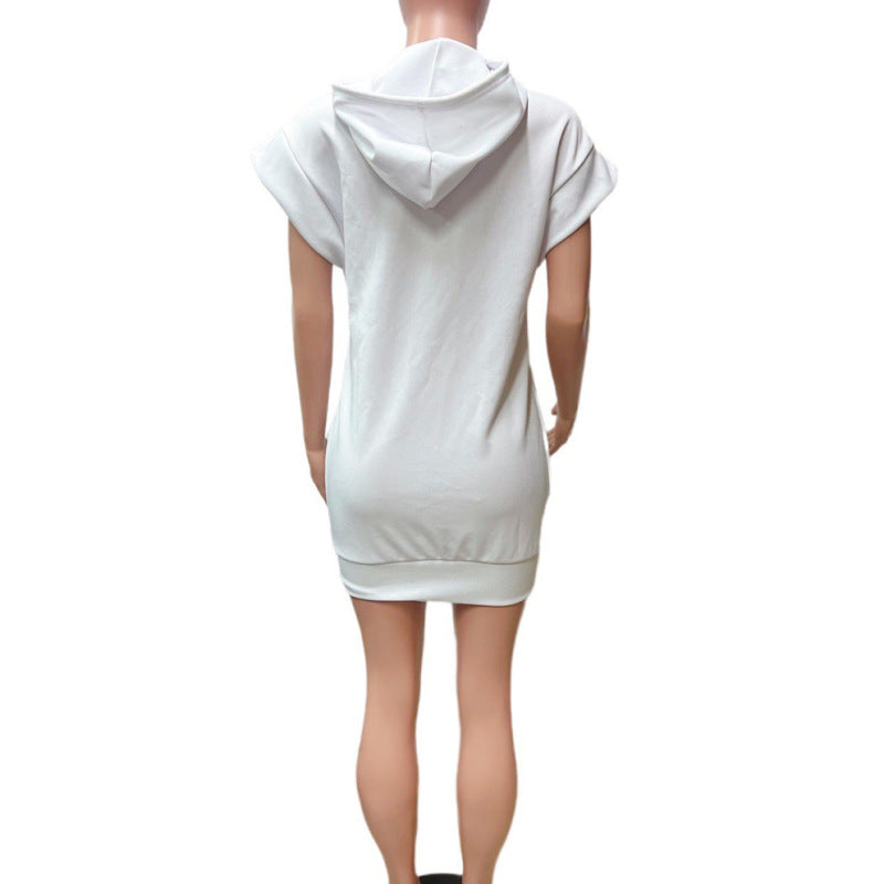 Vestido informal atrevido con estampado de letras, capucha, mangas cortas y bolsillos para mujer