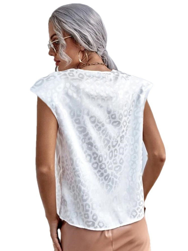 Blusa elegante informal de manga corta con estampado de leopardo y jacquard para mujer, estilo oficina, de verano