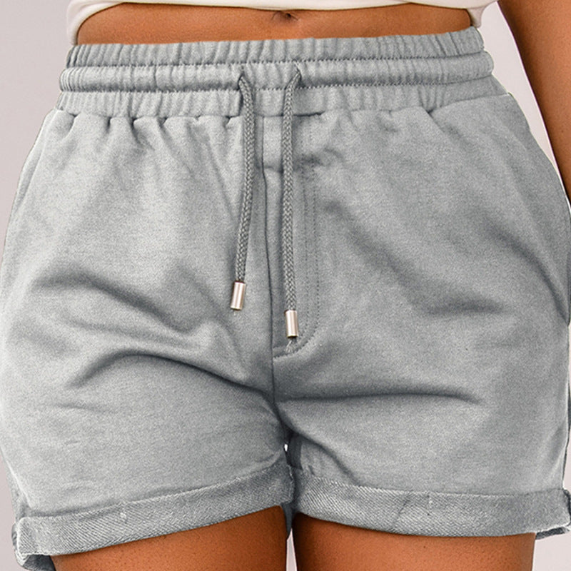 Women Casual Solid Color High Waist Elastic Belt Drawstring Bottom Hem Shorts