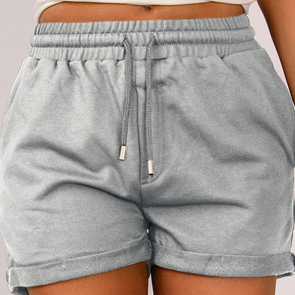 Women Casual Solid Color High Waist Elastic Belt Drawstring Bottom Hem Shorts