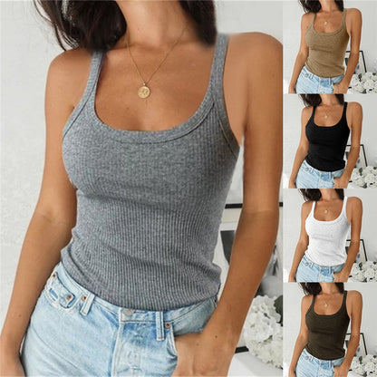Camiseta básica sin mangas de punto con cuello en U para mujer, informal, de color liso