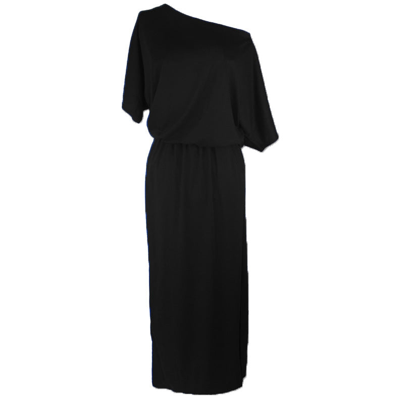 Women Casual Basic Solid Color Short Sleeve Summer Oblique Shoulder Side-slit Pocket Loose Dress