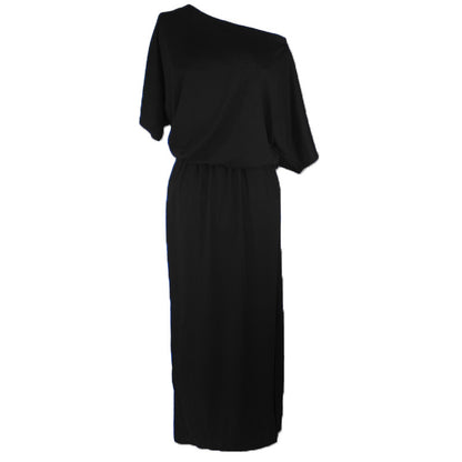 Women Casual Basic Solid Color Short Sleeve Summer Oblique Shoulder Side-slit Pocket Loose Dress