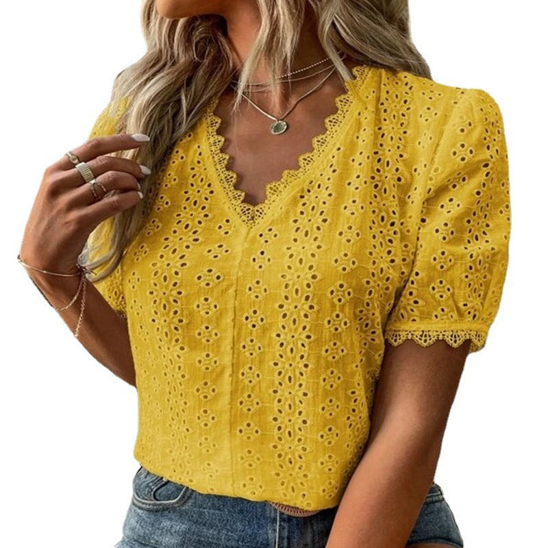Blusa informal de verano para mujer, color liso, manga corta, hueca
