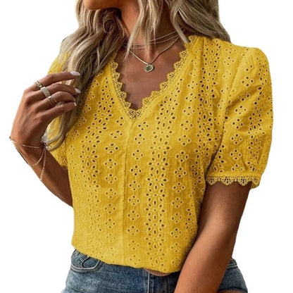 Blusa informal de verano para mujer, color liso, manga corta, hueca