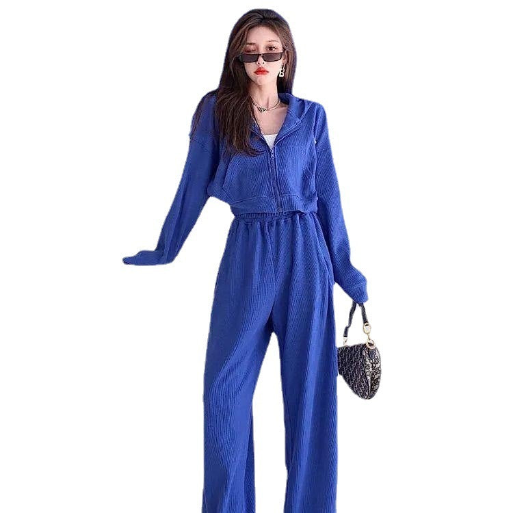 Conjunto de dos piezas formado por top holgado de manga larga y pantalón informal de cintura alta elástica, color liso, para mujer