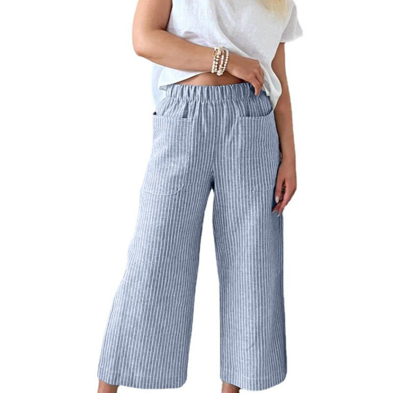 Women'S Fashion Casual Cotton Linen Stripe Loose Wide Leg Pants