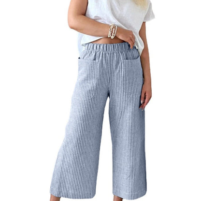 Women'S Fashion Casual Cotton Linen Stripe Loose Wide Leg Pants